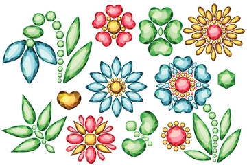Gemstone flower set. Sticker icons for decoupage and scrapbooking. - obrazy, fototapety, plakaty