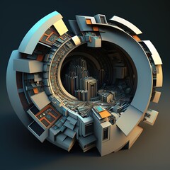 futuristic, 3d, mosaic town city circle green box in space modern sphere station multi dimensional research cubes shapes world fantasy cityscape technology communication Generative AI 