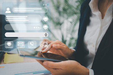 Person use customer service and support live chat with chatbot and automatic messages, Artificial intelligence, and CRM software technology. AI Chatbot smart digital customer service application.