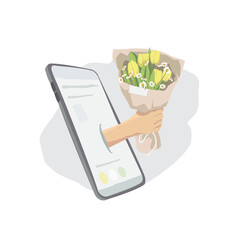 Order flowers online. Hand holding a bouquet of flowers and a smartphone. Flower delivery mobile app.
