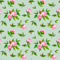 Seamless pattern with peonies. Watercolor botanical ornament for cards, packaging, wrapping, stationery, fabric, textile. Wedding, birthday, anniversary design..