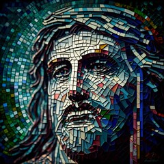 mosaic people puzzle pieces man A disciple of Jesus religious person portrait head face bible reflects mirror image small frames tiles crown Generative AI  - obrazy, fototapety, plakaty