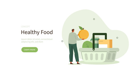 Grocery store. Character standing near shopping basket filled with healthy, plant-based grocery food items. Healthy eating habits and balanced diet concept. Vector illustration.