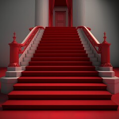 red carpet on the stairs in the building high interior gate door kingdom insolence entrance luxury way walk palace castle castle award ceremony from bottom to top from modern baroque Generative AI