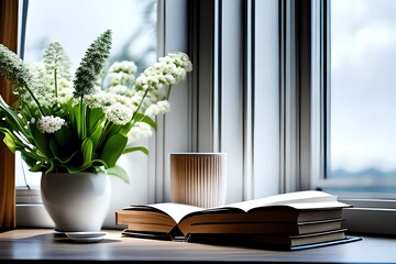 A Cup Of Coffee And A Book On A Window Sill With A Window Sill In The Background And A Vase With Flowers In The Foreground. Generative AI