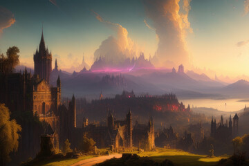 medieval town with a sunsen in the horizon created with Generative AI technology