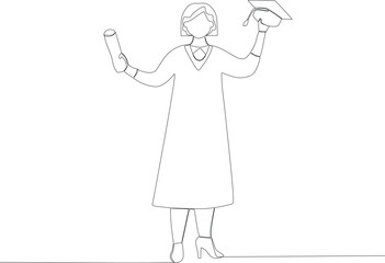 A Beautiful woman holding her hat and graduation certificate. Graduation one-line drawing