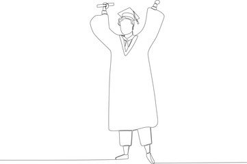 A graduate lifted his cap and graduation certificate. Graduation one-line drawing