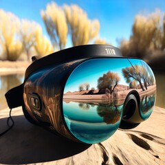 the landscape is reflected in vr glasses green grass water trees kaktus on the ground table hd quality brutal beautiful future sun in nature cool Generative AI 