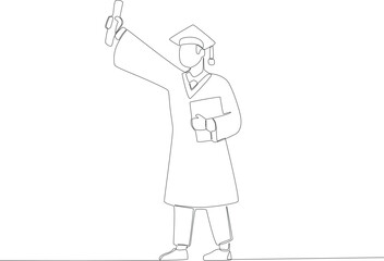 A man holds up his certificate of appreciation. Graduation one-line drawing