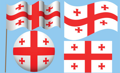 Obraz premium Georgian flag. Georgia national symbols - waving flag, round badge icon