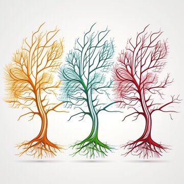 tree set one line color trunk canopy root different fluorestic watercolor canvas paint forest few dry lush white background brown red lights up icon vector nature plant Generative AI 