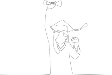 A student held up a certificate while clenching one fist. Graduation one-line drawing