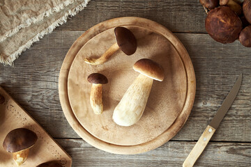 Porcini and other wild edible mushrooms on a wooden table