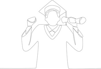A man wearing a hat and holding certificate on his graduation day. Graduation one-line drawing