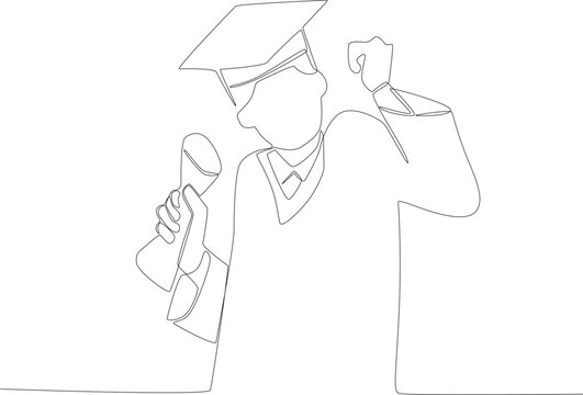 A man clenched his fist while holding a certificate. Graduation one-line drawing