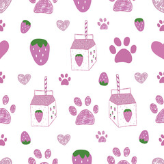 Strawberry milk and cute paw prints. Fabric design seamless pattern