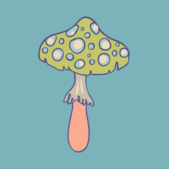 Magic mushroom. Psychedelic hallucination. Vector illustration in pastel colors isolated. 60s trippy hippie art for sticker, patch or poster design.