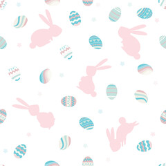 Easter seamless pattern with bunnies, flowers, easter eggs and beautiful background.