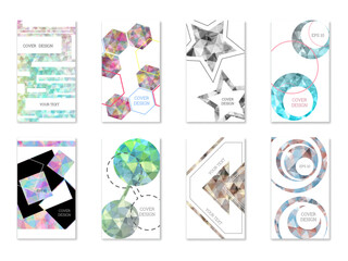 Fototapeta premium Cover design. Set of 8 covers. Imitation of crumpled paper. Unusual bright abstract background for magazine, book, splash, banner, vector. Imitation of crumpled paper