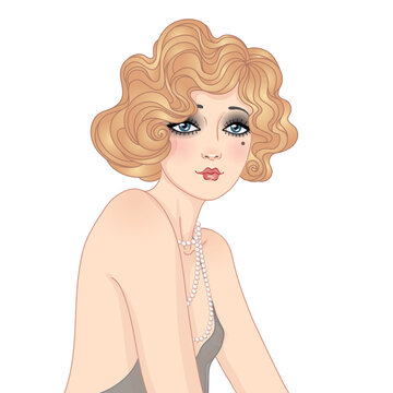 Art Deco vintage illustration of flapper girl. Retro party character in 1920s style. Vector design for glamour event or jazz party.