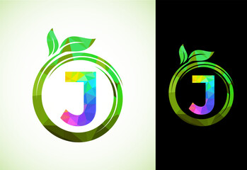 Polygonal alphabet J in a spiral with green leaves. Nature icon sign symbol. Geometric shapes style logo design for business healthcare, nature, farm, and company identity.