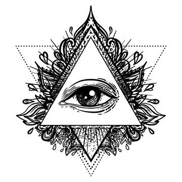 Blackwork tattoo flash. Eye of Providence. Masonic symbol. All seeing eye inside triangle pyramid. New World Order. Sacred geometry, religion, spirituality, occultism. Isolated vector illustration.