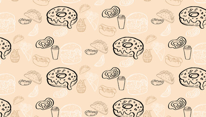Fast Food Related Seamless Pattern and Background with Line Icons. Editable Stroke Junk Food Related Seamless Pattern and Background