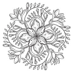 Circle spring and summer doodle ornament. Hand drawn mandala art with flowers and leaves black and white outline.