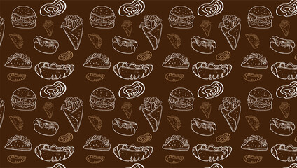 Fast Food Related Seamless Pattern and Background with Line Icons. Editable Stroke Junk Food Related Seamless Pattern and Background