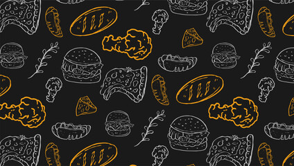Fast Food Related Seamless Pattern and Background with Line Icons. Editable Stroke Junk Food Related Seamless Pattern and Background