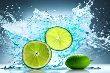 Water Splash On White Background With Lime Slices, Mint Leaves, And Ice Cubes As A Concept For Summertime Libations. Generative AI