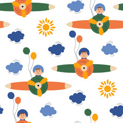 Seamless pattern with airplane, clouds and sun. Childish background with cartoon boy in the airplane and balloons. Vector illustration in flat style. Design for textile, paper, fabric.