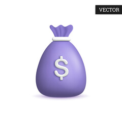 Money bag with dollar 3d icon in cartoon style. Design element for business and finance. Vector illustration.