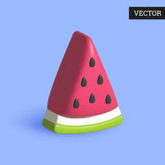 Slice watermelon 3d icon in cartoon style. Sweet summer fruit with seeds. Design element. Vector illustration.