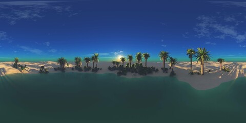 Fototapeta na wymiar Oasis at sunset in a sandy desert. Environment map. HDRI . equidistant projection. Spherical panorama. panorama 360, 3d rendering