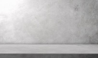 Empty grey cement wall and rough floor shelves with soft light well material display product and text present on free space backdrop background 