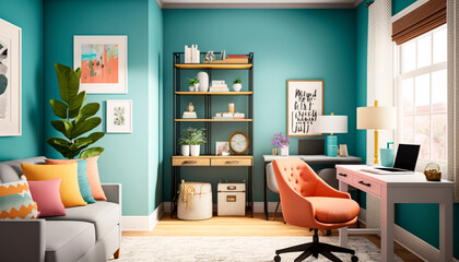 A modern home work in a shared space with laptop on a modular desk and a comfortable chair, generative ai