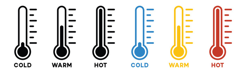 Temperature icon set. Temperature scale icon symbol. Weather sign. Thermometer icons. Warm and cold air temperature symbol in color style for apps and websites, vector illustration - obrazy, fototapety, plakaty