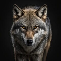Naklejka na ściany i meble Schöner grauer Wolf läuft auf die Kamera zu. Laufender Wolf auf schwarzem Hintergrund. Entschlossen aussehender Wolf. Einsamer Wolf. KI generiert