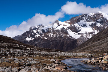 Kalapatthar and Zero point in Sikkim, India. Snow capped Himalayan peaks with river  