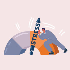 Vector illustration of Stress level, mood scale. Business Man solves problems and reduces psychological pressure. Person tired because of emotional and work overload. - obrazy, fototapety, plakaty