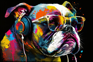 Colorful bulldog with headphones