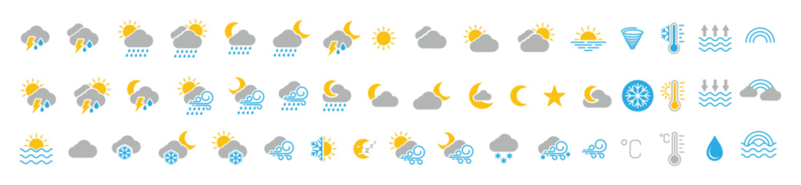 Weather icons. Weather forecast icon set. All seasons weather icon. Weather, rain, snowflakes, thunderstorm, sunny, cloudy, wind, daylight, night, temperature, rainbow, sun, moon. Vector illustration