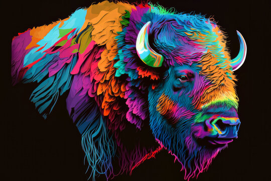 Bison Head With Colorful On Black Background. 