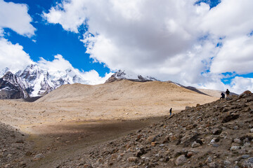 Landscape of a cold desert in Sikkim, India with Himalayan snow capped peaks in backfround.