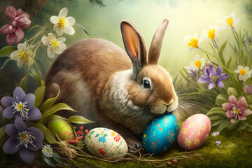 Easter Bunny With Easter Eggs In The Garden, Easter Day, Generative Ai