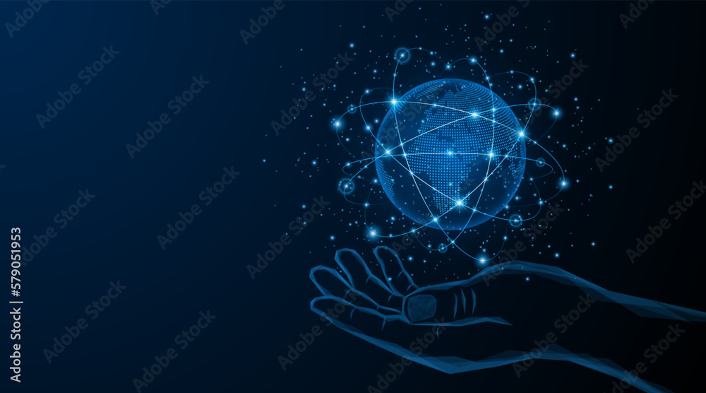 Poster abstract hand holding the world. global connection network. world map. internet technology concept o
