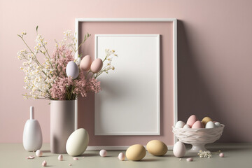 Minimalist Modern Easter: Warm Pink And White Flowers, Eggs, And Decorations With Plenty Of Blank Space, Easter Day, Generative Ai