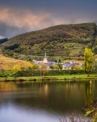 Fototapeta premium Senheim village between steep vinyards and lush mountain on Moselle river after sunset in Cochem-Zell district, Germany